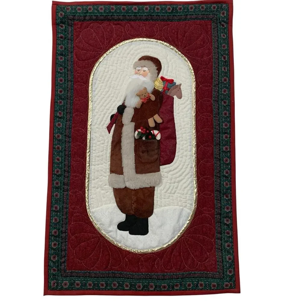 1996 Vintage Appliqué Quilted Block Old World Santa Wall Hanging With Rod 33x21